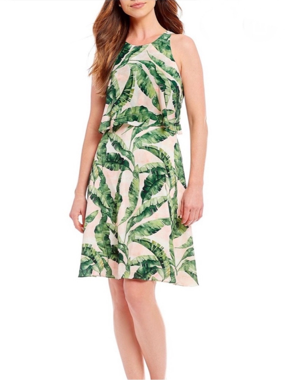 Alex Marie Thea Rose Green Leaf Print Sleeveless Dress Tropic Escape